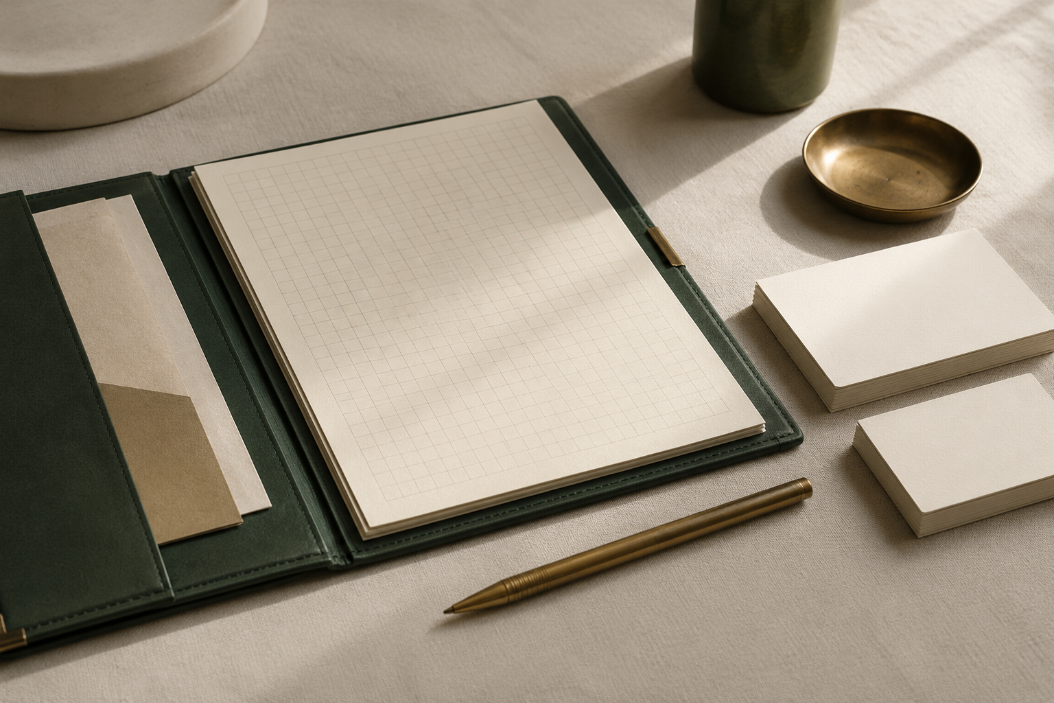 An organized desk with a green ledger, planning cards, and brass pen